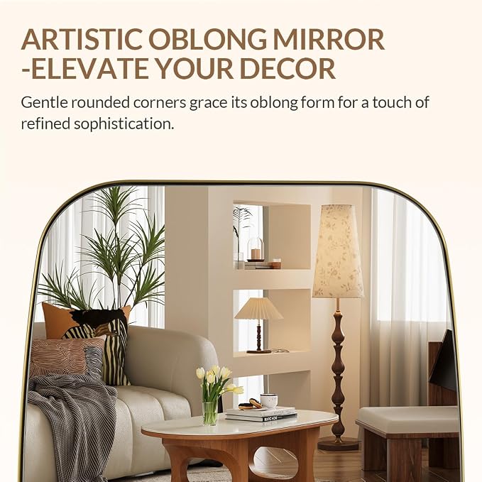 30x55 Full Length Wall Mirror, Brushed Gold Oblong Shaped Body Mirror with Stainless Steel Metal Frame, Rounded Corner Design for Floor and Leaning