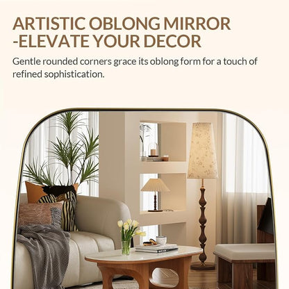 Brass Bathroom Mirror, 24x32’’ Brushed Gold Metal Frame Oblong Mirror for Bathroom, Modern Gold Oval Bathroom Mirror for Over Sink, Hangs Horizontal or Vertical