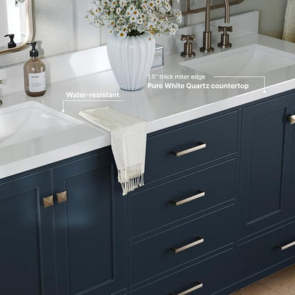 ARIEL Cambridge 72-inch Bathroom Vanity with Sink,Solid Wood, 1.5-inch Pure White Quartz Countertop, Double Rectangular Porcelain Sink, 4 Soft Closing Doors, 6 Dovetail Drawers, Midnight Blue