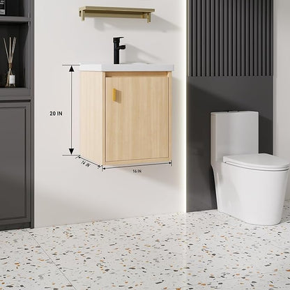 16'' Bathroom Vanity with Ceramic Sink Combo, Wall Mounted Small Bathroom Vanity with Soft-Close Door Modern Floating Cabinet, Pop-up Drain, P-Trap Included, Walnut(No Faucet)