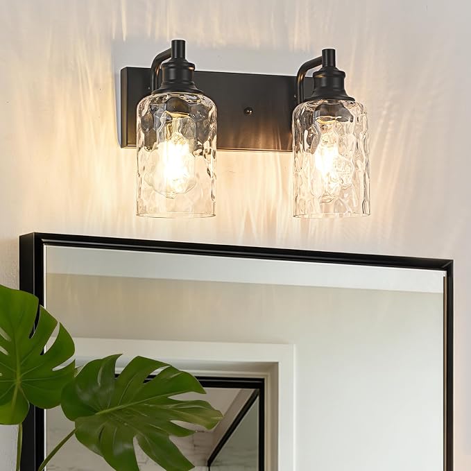 Bathroom Light Fixtures Over Mirror, 2 Lights Vanity Lights with Hammered Glass Shade, 12.7" Matte Black Farmhouse Bathroom Light Fixtures for Bedroom, Porch, Hotel, Mirror Cabinet
