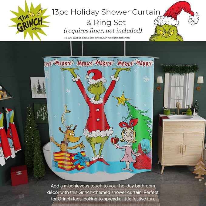Dr. Seuss The Grinch Holiday 13-Piece Shower Curtain Set, 72 x 72 Inch Fabric Curtain with Hooks, Bathroom Decor, Machine Washable, (100% Officially Licensed Product) by Franco Collectibles