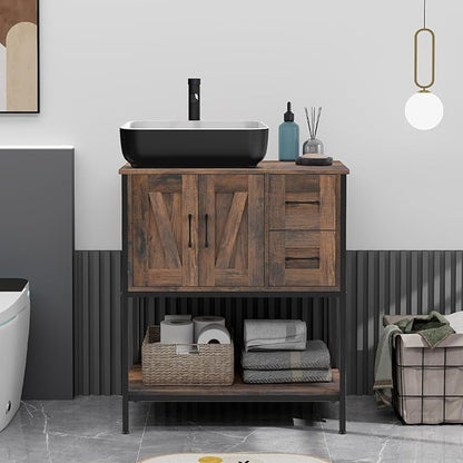 YOURLITE Bathroom Vanity, 30" Rustic Brown Bathroom Vanity with Sink Combo Set, Farmhouse Modern Wood Bathroom Cabinet with Black Ceramic Vessel Sink