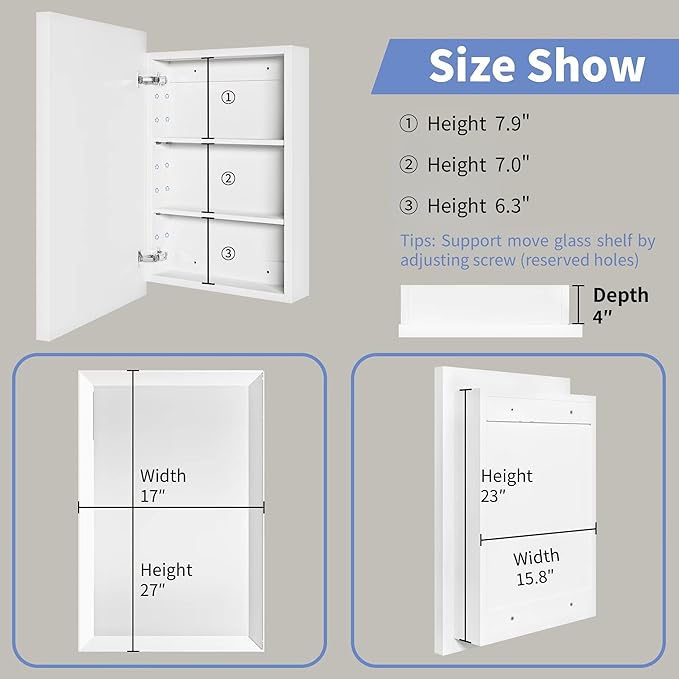 Retro-Style Medicine Cabinet with 17’’x27’’ Solid Wood Mirror Frame, Bathroom Recessed Wall Cabinet, Living Room Wood Storage Cabinet, White