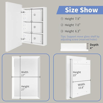 Retro-Style Medicine Cabinet with 17’’x27’’ Solid Wood Mirror Frame, Bathroom Recessed Wall Cabinet, Living Room Wood Storage Cabinet, White