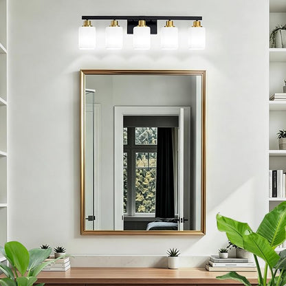 5-Light Black and Gold Vanity Light,Bathroom Lighting Fixtures,30" | Bathroom Light for Mirror with Square Frosted Glass,Modern Wall Sconces fixtures over Sink Restroom,Living Room Hallway