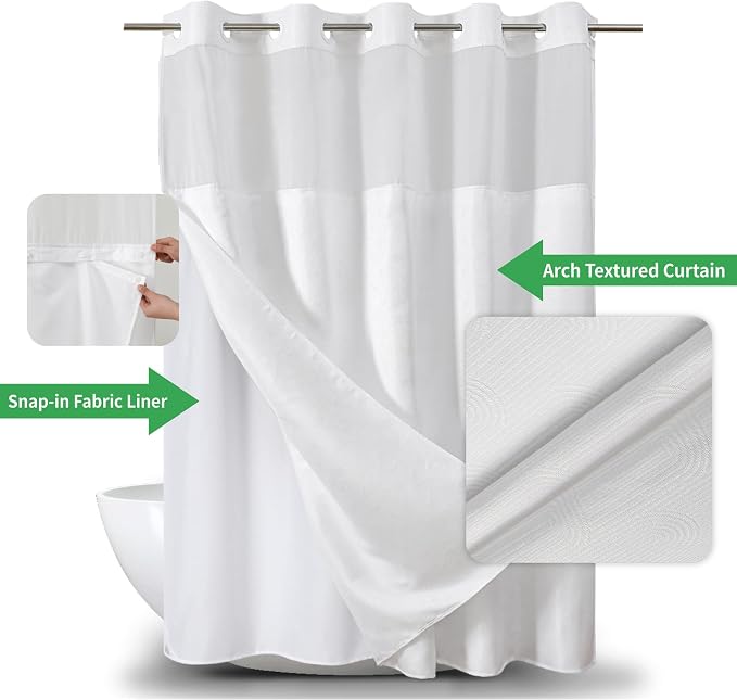 eachope No Hook Boho Arch Shower Curtain with Snap-in Liner Set,71x80,White | 230GSM Thick Fabric,Easy to Install,Sheer Window,Magnetic Weighted Hem,Waterproof & Machine Washable,for Bathroom,Hotel