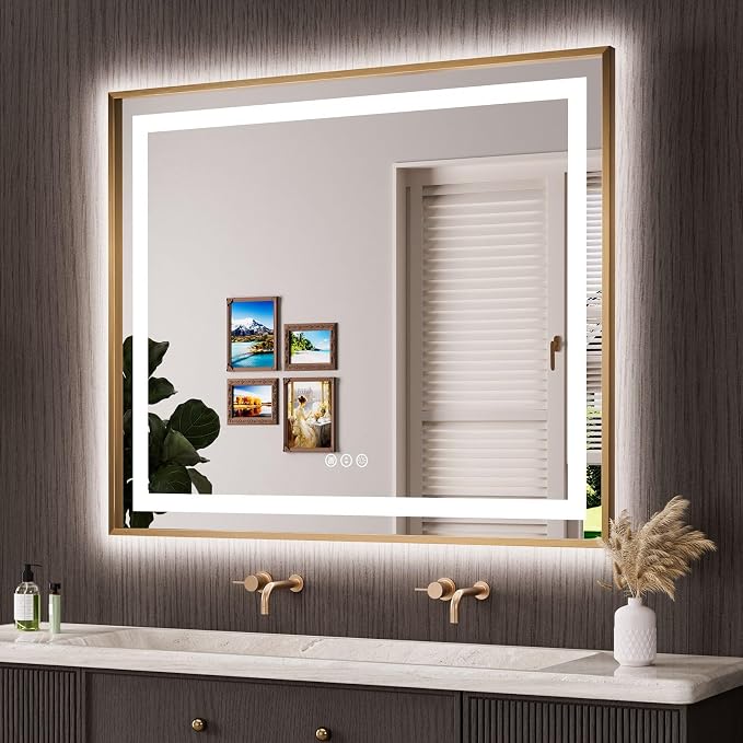 48"X40" LED Bathroom Mirror with Front Lit and Backlit(Brushed Gold) | Metal Framed Mirror, Stepless Dimmable, Anti-Fog, HD Reflection, Shatter-Proof, Memory, 3 Colors, Double LED Vanity Mirror.