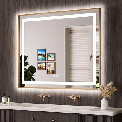 48"X40" LED Bathroom Mirror with Front Lit and Backlit(Brushed Gold) | Metal Framed Mirror, Stepless Dimmable, Anti-Fog, HD Reflection, Shatter-Proof, Memory, 3 Colors, Double LED Vanity Mirror.
