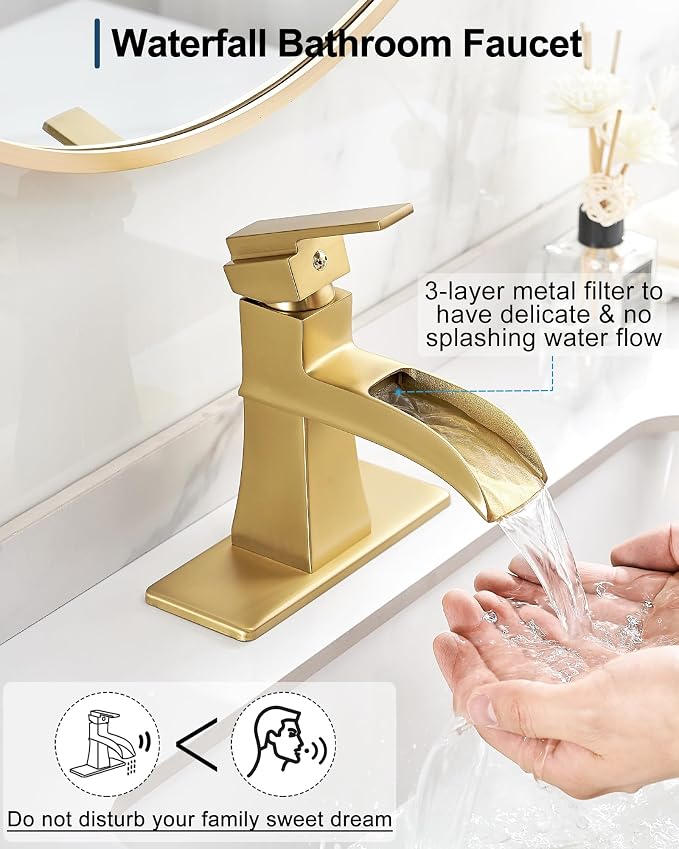 Brass Waterfall Faucet, Brushed Gold Bathroom Faucet, Single Handle for One Hole or 3 Holes 4 Inch with Pop-Up Drain, Pre-Installed Supply Hoses and Deck Plate for Vanity RV Farmhouse Modern