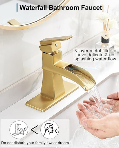 Brass Waterfall Faucet, Brushed Gold Bathroom Faucet, Single Handle for One Hole or 3 Holes 4 Inch with Pop-Up Drain, Pre-Installed Supply Hoses and Deck Plate for Vanity RV Farmhouse Modern