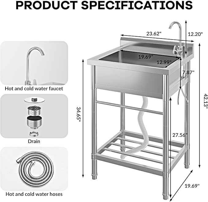 Free Standing Utility Sink, 24" Single Bowl Stainless Steel Commercial Kitchen Sink with Cold and Hot Water Pipe, for Indoor & Outdoor | Free Standing Utility Sink with Cold and Hot Water Pipe, for Kitchen, Laundry