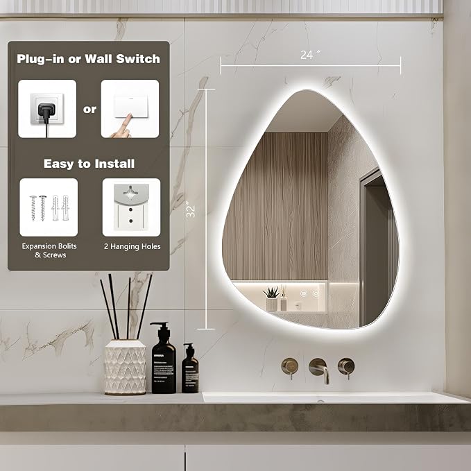 Niccy Irregular LED Bathroom Mirror, Frameless Backlit Wall Mirror, 24"x32" | Asymmetrica Lighted Mirror for Bedroom Living Room, Modern Smart-Mirror with 3 Color Lighting, Anti-Fog, Memory Function