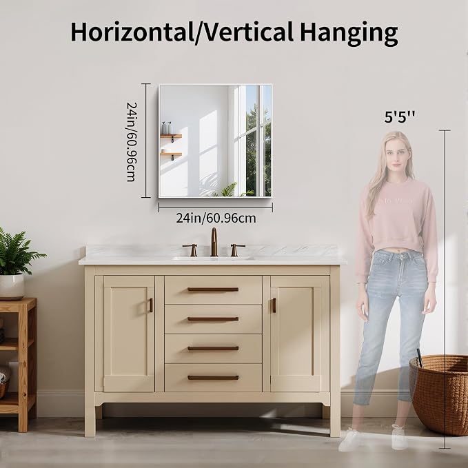 YIROMAN Bathroom Mirror 24"x24", Brushed Silver Bathroom Mirror for Over Sink with Aluminum Frame, Square Vanity Mirror with Right Angle, Wall Mirror Hangs Horizontal or Vertical