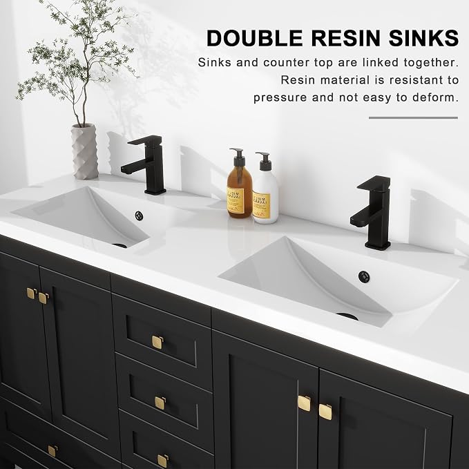 LUCKWIND 60" Bathroom Vanity and Sink Combos, Modern Bathroom Storage Painted Cabinet with Undercounter Resin Dual Sink Top, Matte Black Faucet and 6 Drawers, Mirror Not Included, Black
