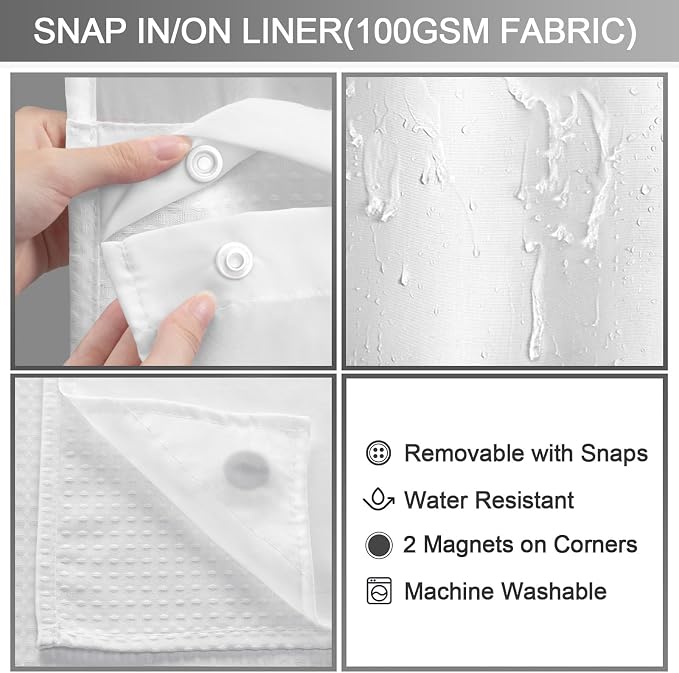 No Hook Shower Curtain and Liner Set,White Hotel Waffle Shower Curtain with Liner 75" L x 72" W