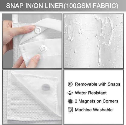 No Hook Shower Curtain and Liner Set,White Hotel Waffle Shower Curtain with Liner 75" L x 72" W