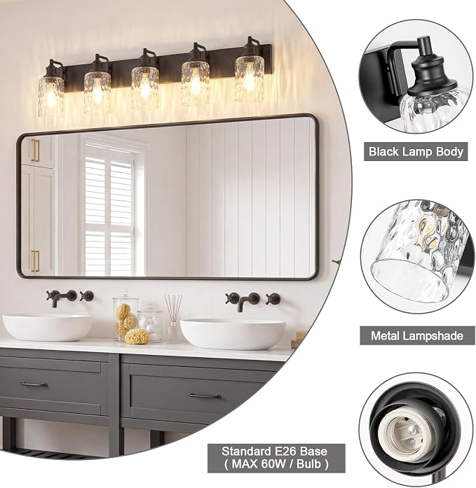 Bathroom Light Fixtures Over Mirror, 5 Lights Vanity Lights with Hammered Glass Shade, 37" Matte Black Farmhouse Bathroom Light Fixtures for Bedroom, Porch, Hotel, Mirror Cabinet