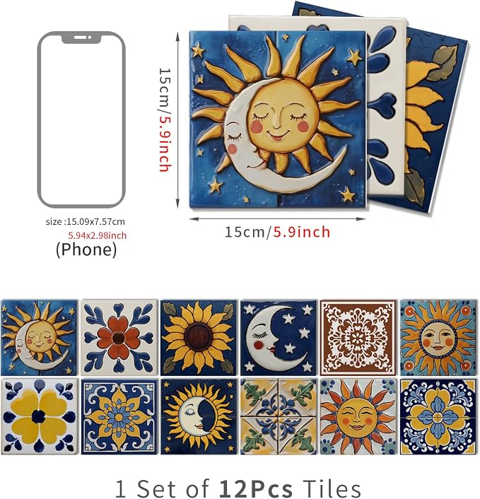 6X6 in Tile Decals Stick on Backsplash for Kitchen Wall,12Pcs | 1.6mm-FOAM+PE Tile Stickers,Sun/Moon Pattern Mexican Tiles for Bathroom,Cabinets,RVs
