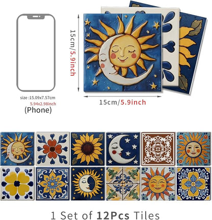 6X6 in Tile Decals Stick on Backsplash for Kitchen Wall,12Pcs | 1.6mm-FOAM+PE Tile Stickers,Sun/Moon Pattern Mexican Tiles for Bathroom,Cabinets,RVs