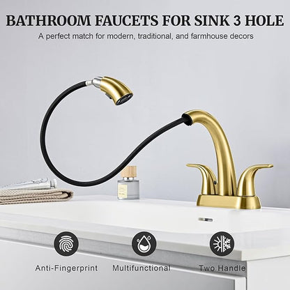 Ultimate Unicorn Brushed Gold Bathroom Sink Faucet - 4 Inch Centerset Pull Down Vanity Faucets 3 Hole with Pop Up Drain - Two Handle Modern Washbasin Tap Set with Pull Out Sprayer for Rv Restroom