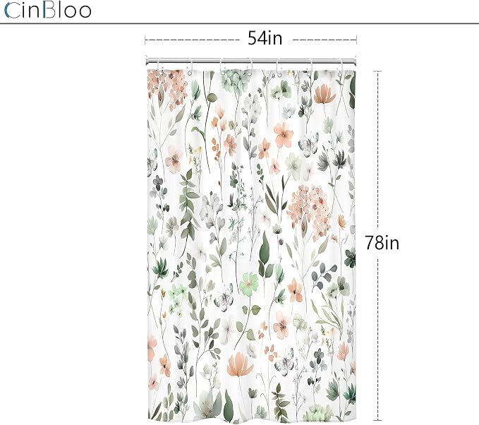 Cute Green Pink Floral Stall Single Wildflower Bathroom Shower Curtain Set | 54"W x 78"H Watercolor Boho; waterproof HD print, quick-dry fabric and plastic hooks for easy setup.