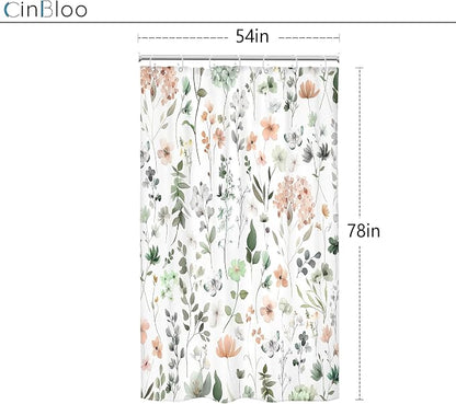Cute Green Pink Floral Stall Single Wildflower Bathroom Shower Curtain Set | 54"W x 78"H Watercolor Boho; waterproof HD print, quick-dry fabric and plastic hooks for easy setup.