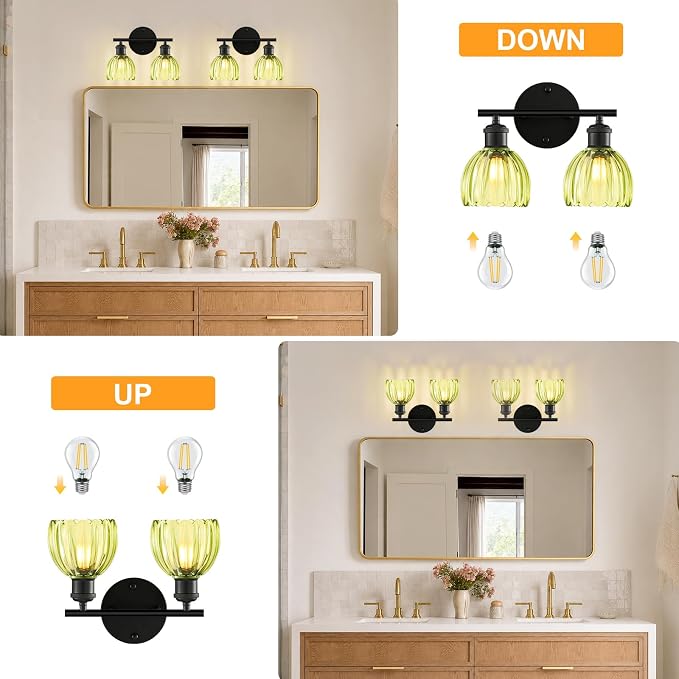 Bathroom Light Fixtures, 2-Light Black Vanity Lights for Bathroom with Green Tulip Glass Shade, 12" Vintage Bathroom Vanity Lighting Fixtures Over Mirror for Bedroom Living Room Hallway