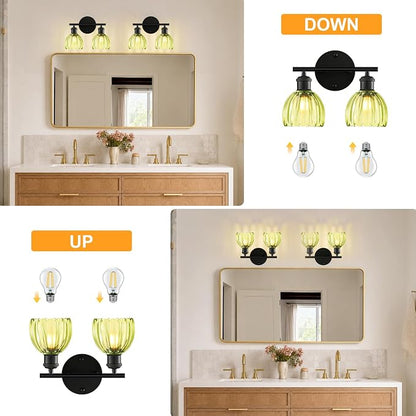 Bathroom Light Fixtures, 2-Light Black Vanity Lights for Bathroom with Green Tulip Glass Shade, 12" Vintage Bathroom Vanity Lighting Fixtures Over Mirror for Bedroom Living Room Hallway