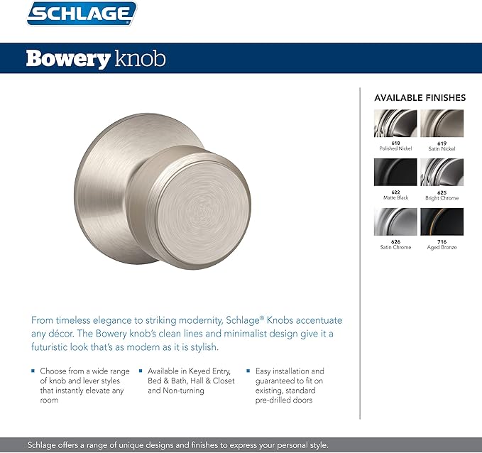 SCHLAGE F10 BWE 622 Bowery Door Knob, Hall & Closet Passage Lock, Matte Black (Pack of 4)