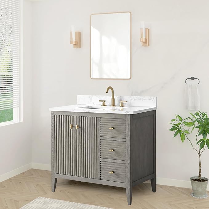 HOMEBEYOND 36" Bathroom Vanity with Sink, Solid Wood Bathroom Vanity Free-Standing Cabinet, Drawers, Ceramic Top & Soft Closing Door, Golden Brushed Handware, Driftwood Gray