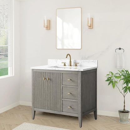 HOMEBEYOND 36" Bathroom Vanity with Sink, Solid Wood Bathroom Vanity Free-Standing Cabinet, Drawers, Ceramic Top & Soft Closing Door, Golden Brushed Handware, Driftwood Gray