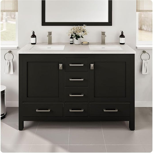 Eviva London 48 x 18 inch Espresso Transitional Double Sink Bathroom Vanity with White Carrara Quartz Countertop and Undermount Porcelain Sinks