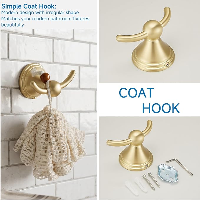 4-Piece Bathroom Hardware Accessories Kit, Zynuhmo Brushed Gold Towel Bar Set Wall Mounted with 20'' Towel Bar, Towel Ring & Toilet Paper Holder, Robe Hook Set Fixtures for Modern Farmhouse Bathroom