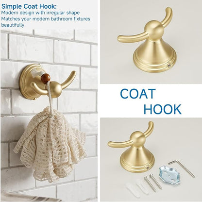 4-Piece Bathroom Hardware Accessories Kit, Zynuhmo Brushed Gold Towel Bar Set Wall Mounted with 20'' Towel Bar, Towel Ring & Toilet Paper Holder, Robe Hook Set Fixtures for Modern Farmhouse Bathroom
