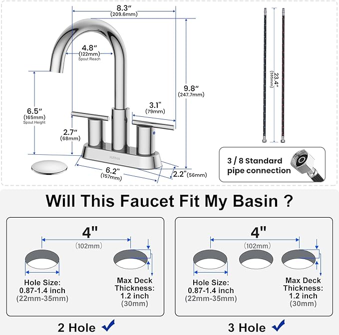 Hurran 4 Inch Bathroom Faucet for Sink 3 Hole, Chrome Bathroom Faucet with Pop-up Drain and 2 Supply Hoses,Stainless Steel Lead-Free 2-Handle Centerset Faucet for Sink Vanity RV