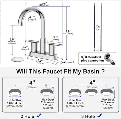 Hurran 4 Inch Bathroom Faucet for Sink 3 Hole, Chrome Bathroom Faucet with Pop-up Drain and 2 Supply Hoses,Stainless Steel Lead-Free 2-Handle Centerset Faucet for Sink Vanity RV