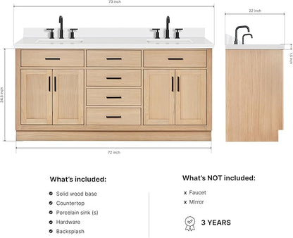 DKB Isabella 72-Inch Oak Double Bathroom Vanity with Rectangle Sinks, 1.5" Pure White Quartz Countertop & 4" Backsplash, 4 Soft Closing Doors, 6 Full Extension Dovetail Drawers, Matte Black Hardware