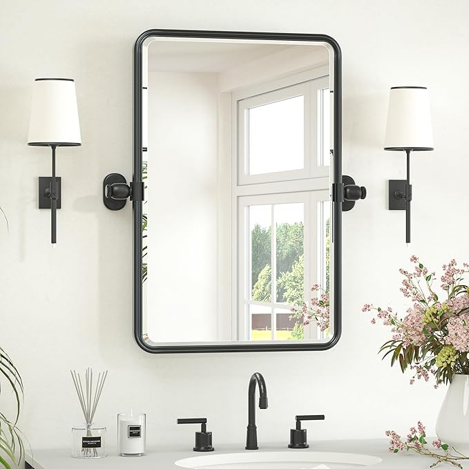 Keonjinn 16x24 Inch Black Povit Mirror for Bathroom, Tilt Mirror, Beveled | Tenmpered Glass, Rectangle, Adjustable Bathroom Mirrors for Over Sink, Farmhouse, Metal Framed, Horizontal/Vertical