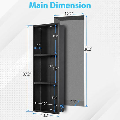 304 Stainless Steel Shower Niche 12” x 36” for Bathroom Storage | Matte Black Recessed Shower Niche No Tile Needed with 3-Tier Shelves