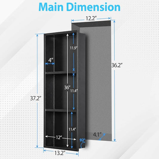 304 Stainless Steel Shower Niche 12” x 36” for Bathroom Storage | Matte Black Recessed Shower Niche No Tile Needed with 3-Tier Shelves