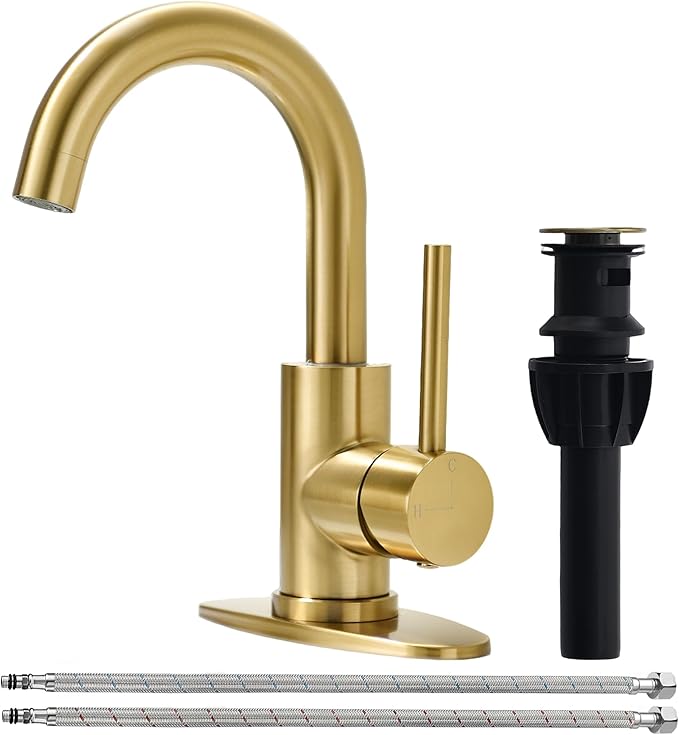 Brushed Gold Bathroom Faucets for Sink 1 Hole or 3 Holes, Single Hole Gold Bathroom Sink Faucet with Pop-Up Drain Mini Size Vanity Faucet Bar Faucet Single Handle Lavatory Faucets