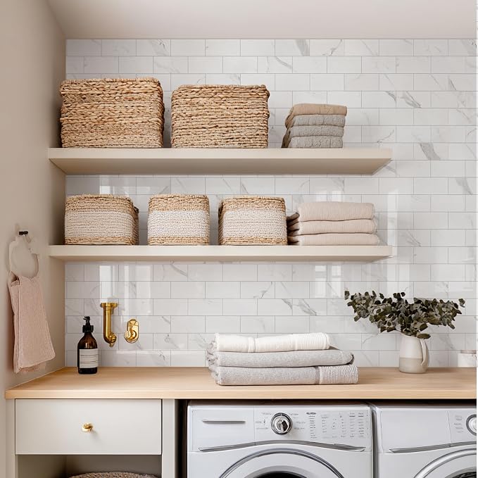 Vamos Tile 100-Piece Peel and Stick Backsplash Seamless Tile,3''x6'' Glossy Statury White Marble with White Grout PVC Subway Tile,Stick on Backsplash for Kitchen/Bathroom/Laundry Room