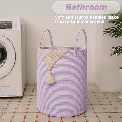 JMvicyroam 60L Cotton Rope Laundry Basket Hamper, Purple | Collapsible laundry basket, reinforced handles, freestanding, machine washable, holds 3-5 thick blankets, clothes or toys