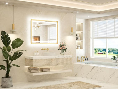 40 x 30 Bathroom Mirror Brushed Gold Metal Frame Frontlit & Backlit Vanity Mirror 3 Colors White/Warm/Natural Stepless Dimmable Anti-Fog Bathroom Mirrors for Vanity Wall-Mounted