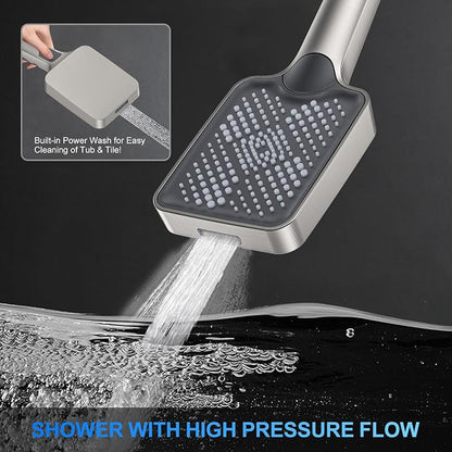Woindo Shower Faucet Set, 10" Wall Mount Rainfall Shower System with 2 Rain Shower Head and Multi-function Handheld Head Push Button Diverter Shower Faucet Trim Kit