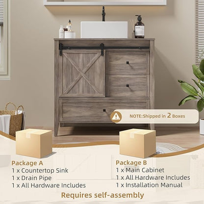 VNN Bathroom Vanity with Sink - 36 Inch Bathroom Vanity with Sink Ceramic, Freestanding Cabinet with Farmhouse Sliding Barn Door and 3 Drawers, Space-Saving Storage Cabinet, Wood Grain Texture, Grey