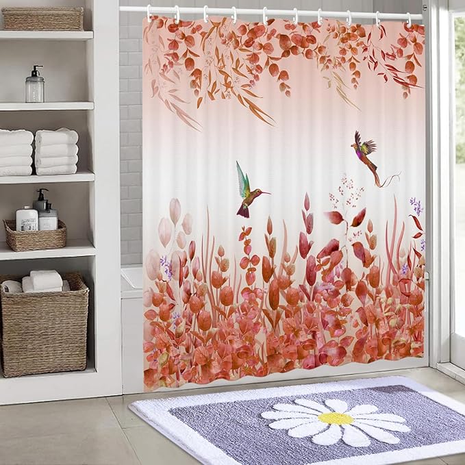Kingfisher Autumn Red Shower Curtain - 72"W x 72"L with 12 Hooks, Weighted Hem, Waterproof, Red Leaf Pattern