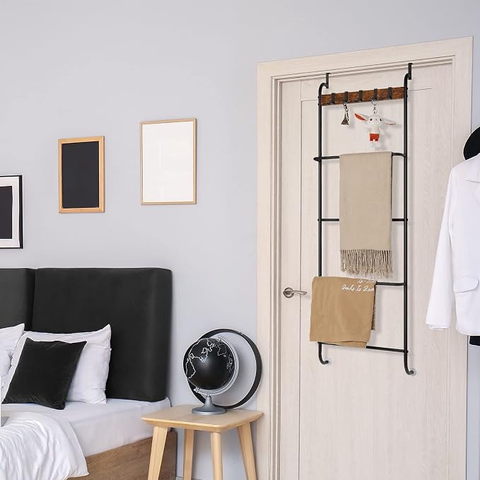 Over the Door Towel Rack Over The Door Towel Bar for Bathroom | Back of Door Towel Rack, 5 Tier Over The Door Towel Bar with Hooks, Black Door Rack Hanger, Stable Suction Cup Design