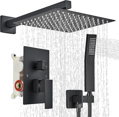 Shower Faucet 10 Inches Matte Black Shower System with Rainfall Shower Head and Handheld Spray Bathroom Luxury Rain Shower Faucet Set Complete Wall Mounted